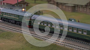 Mini Train Station Modelling. Model of Railway Station With Moving Train. Toy Train Models on Railroad Set Mockup