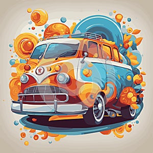 Mini van retro cartoon illustration