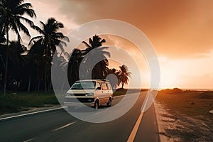 Mini Van rides on an asphalt road against the backdrop of palm trees and sunset. Generative ai