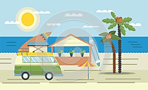 Mini van with surf Board on the roof on the sea and beach bar. Vector illustration in flat style.