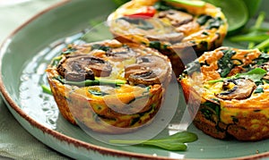 Mini vegetable frittatas with spinach and mushrooms on a pastel green plate