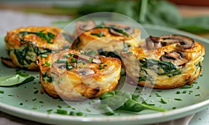 Mini vegetable frittatas with spinach and mushrooms on a pastel green plate
