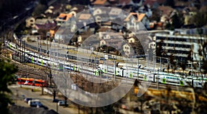 Miniature aerial view of big railway station
