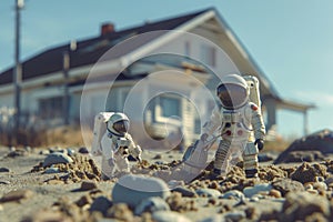 Miniature astronaut background, Miniature astronaut dolls exploring a sandpile in front of a house