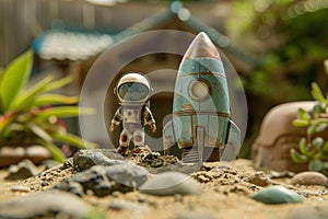 Miniature astronaut background, Miniature astronaut dolls exploring a sandpile in front of a house