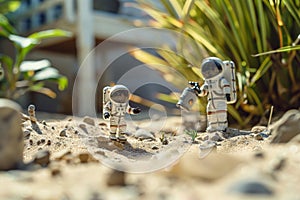 Miniature astronaut background, Miniature astronaut dolls exploring a sandpile in front of a house