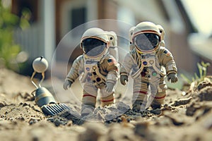 Miniature astronaut background, Miniature astronaut dolls exploring a sandpile in front of a house