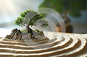 Miniature bonsai tree on a zen garden sand pattern