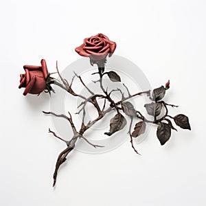 Miniature Bronze Sculpture Two Red Roses On A Branch photo