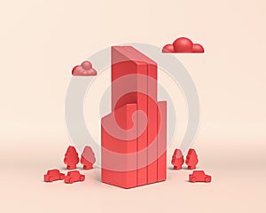 Miniature Buildings with small clouds and cars, 3d Icon, monochrome red color, flat and solid style, 3d Rendering