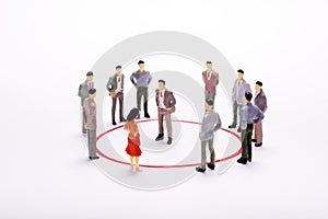 Miniature business people in conection scheme over white backdrop or background.