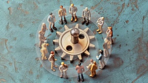 Miniature business people connecting many gears, top view, concept of teamwork. Generative AI weber.