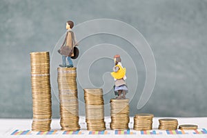 Miniature business people stand on pile of money coin, Travel saving and planing concept