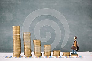 Miniature business people stand on pile of money coin, Travel saving and planing concept