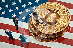 Miniature businessman figurines standing near the pile of shiny golden bitcoin on United States of America flag