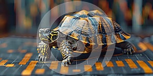 Miniature businessman rides a turtle symbolizing slow but steady longterm success with a rising photo