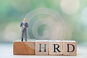 Miniature businessman standing on wooden block word HRD Human resource development : HRD