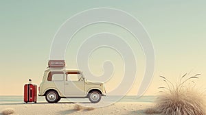 A miniature car with suitcases to summer trip, A retro trip car, Summer vacation road trip