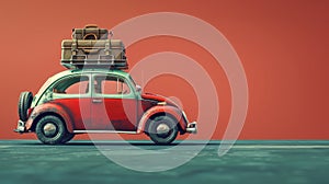 A miniature car with suitcases to summer trip, A retro trip car, Summer vacation road trip