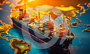 Miniature cargo ship loaded with containers traversing over a golden-lit world map symbolizing global trade routes and