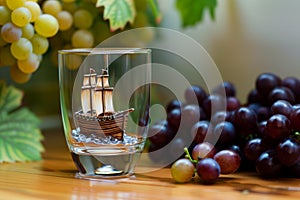 miniature cargo vessel in a filled cabernet glass, with grapes alongside