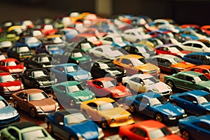 Miniature cars arranged meticulously create visually appealing tabletop display