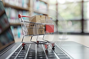Miniature Cart on Laptop Illustrating E-Commerce Convenience. Online shopping concept