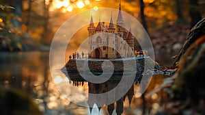 Miniature Castle Reflection in Autumn Forest at Sunset