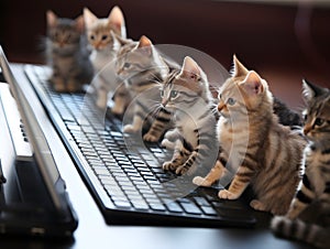 Miniature cats and computer, generative ai