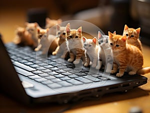 Miniature cats and computer, generative ai