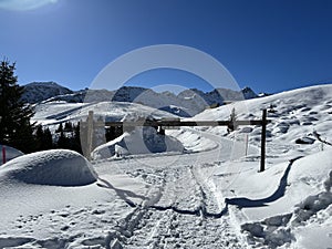 A miniature cemetery covered with fresh snow next to Arosa\'s mountain chapel (Das Bergkirchli Arosa)