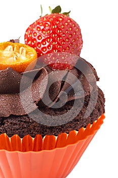 Miniature chocolate cupcake with strawberry