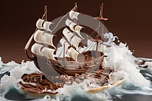 a miniature chocolate ship in full sail, with waves and ropes