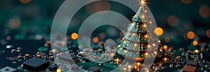 A circuit board adorned with a glowing Christmas tree made from electronic components and lights during the holiday