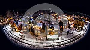 Miniature Christmas Village with Train Passing Through Snowy Landscape photo
