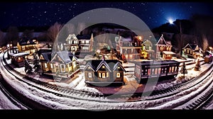 Miniature Christmas Village with Train Passing Through Snowy Landscape photo