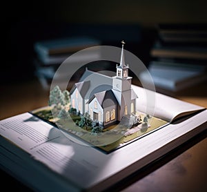 Miniature of a church on open book on a library wooden table. Image with shallow depth of field