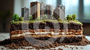 Miniature city built on a cake representing the layers of the earth photo