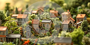 Miniature city with green trees and houses. Miniature city concept.