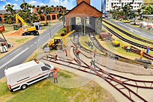 Miniature of city life, a miniature of people, railway construction workers road work