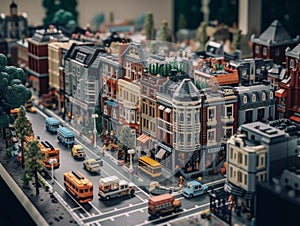 A miniature city with several storey buildings facing the main road was built using small plastic blocks