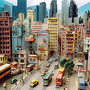 Miniature of the city on the table. 3d rendering. Miniature, Stop - motion animation style, City Center, Kuala Lumpur, 1990s.