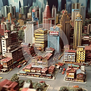 Miniature of the city on the table. 3d rendering. Miniature, Stop - motion animation style, City Center, Kuala Lumpur, 1990s.