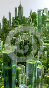 A miniature cityscape creatively designed with greenery and clear geometric shapes, resembling skyscrapers