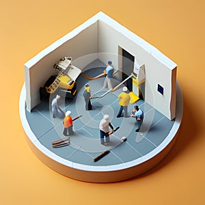 Miniature construction workers on the building site. Construction concept. Yellow background.