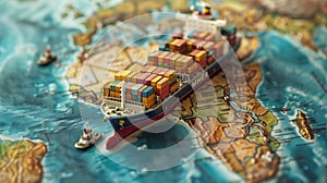 Miniature container ship on a map depicting global shipping routes and trade logistics.