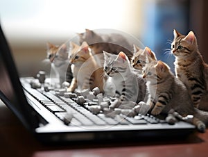 Miniature cute cats and computer, generative ai