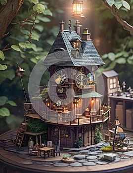 Miniature Diorama Building with Steampunk-Styled Clock