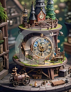 Miniature Diorama Building with Steampunk-Styled Clock