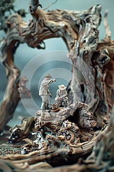 Miniature diorama of two men fishing on a gnarled driftwood, intricately detailed with natural textures